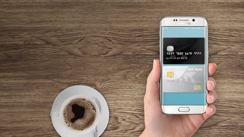 Samsung Pay app on Samsung Phone, on coffee table