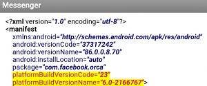 Facebook Messenger's Manifest File. The app is automatically granted the overlay permission despite targeting API level 23.