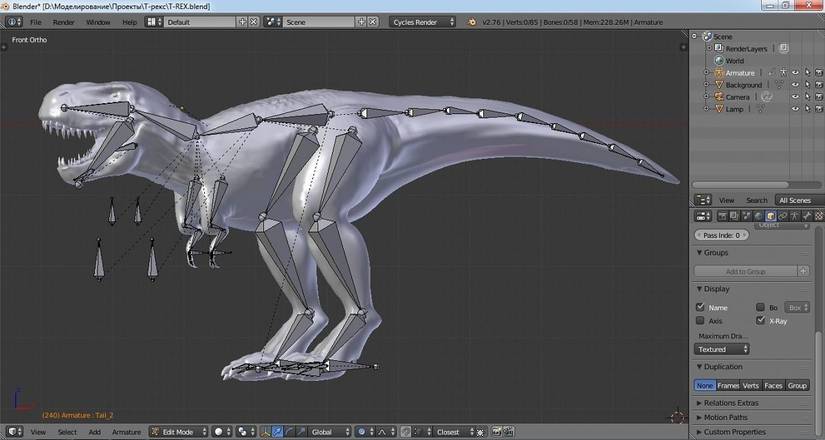 A dinosaur model in Blender. 