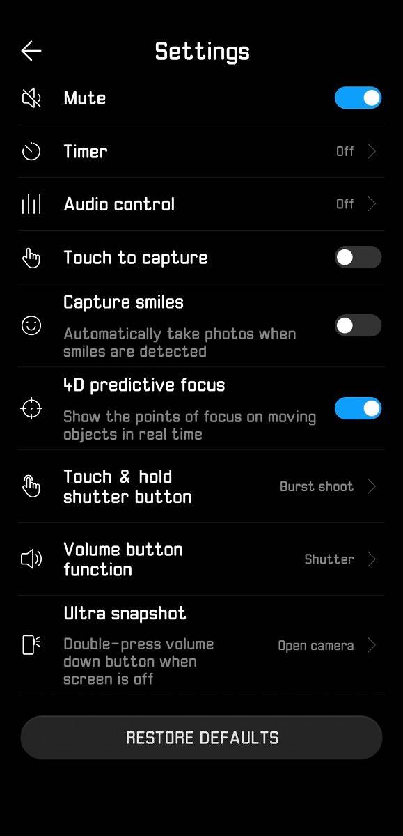 Huawei P20 Pro Camera App Settings