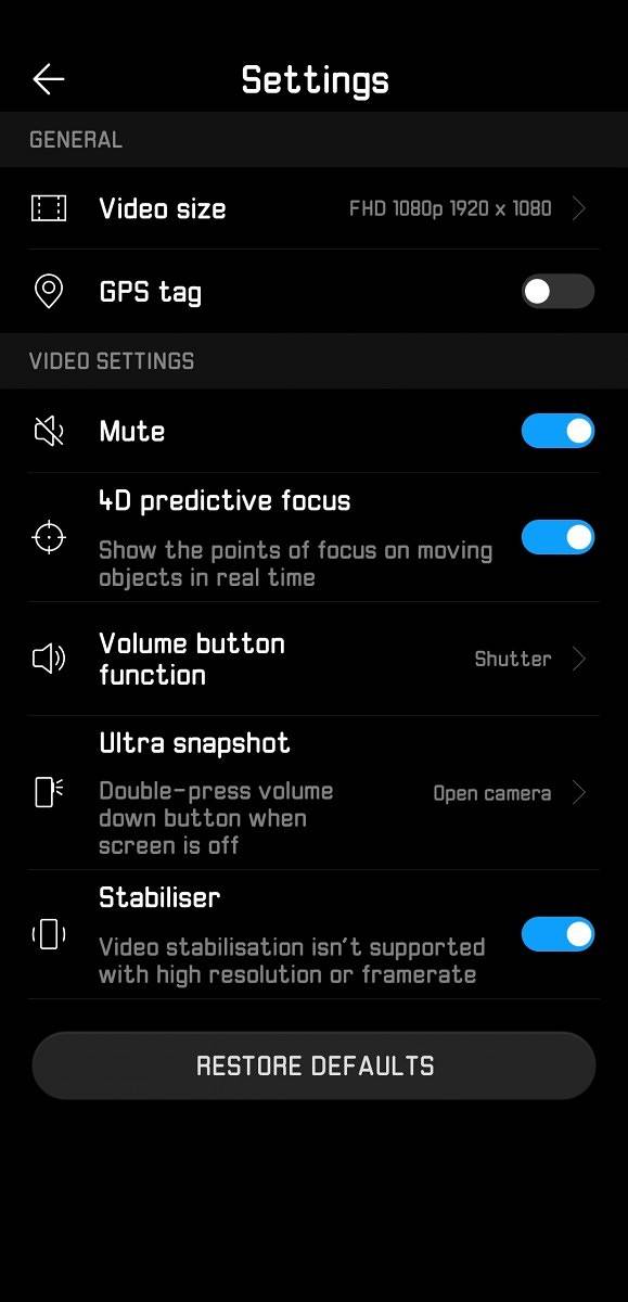 Huawei P20 Pro Camera App Video Settings