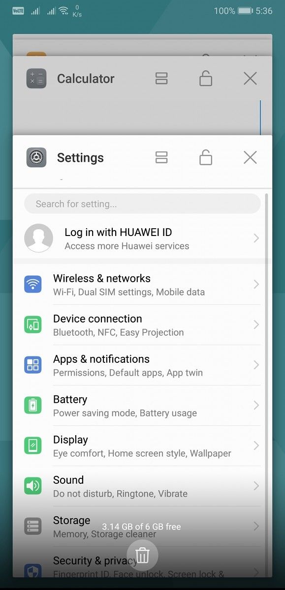 Huawei P20 Pro Recents Menu