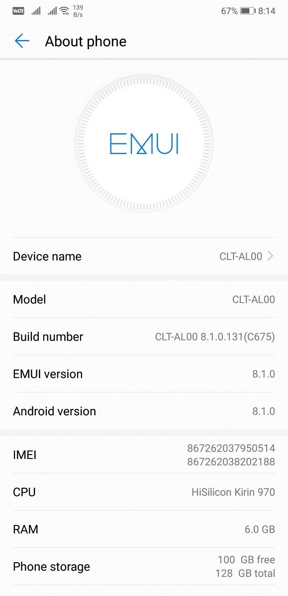 Huawei P20 Pro Settings App About Phone