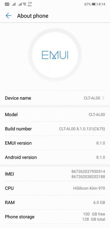 Huawei P20 Pro Settings App About Phone