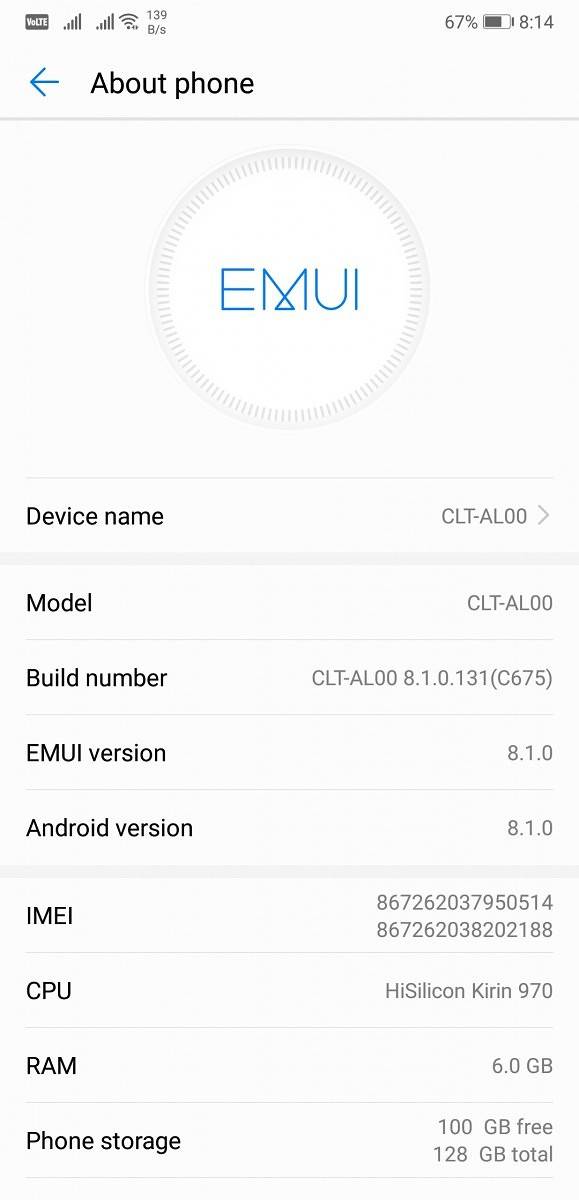 Huawei P20 Pro Settings App About Phone