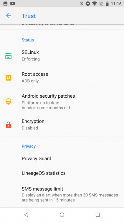 LineageOS Trust Interface to protect Security and Privacy