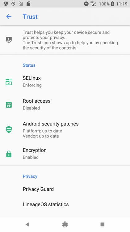 LineageOS Trust Interface to protect Security and Privacy