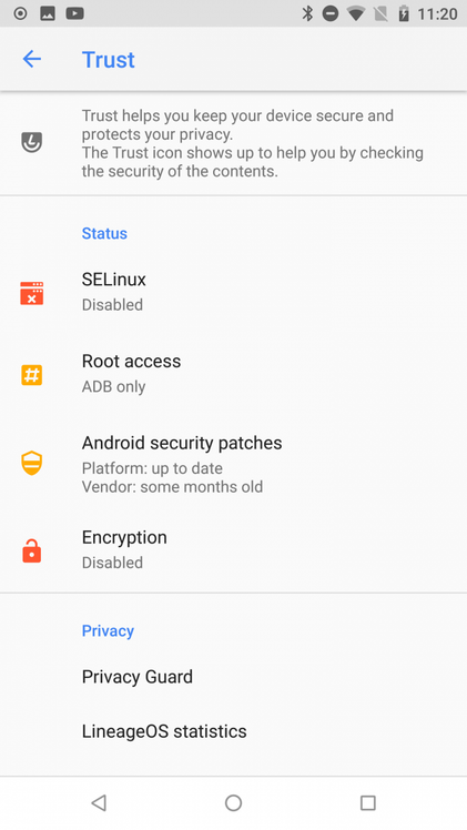 LineageOS Trust Interface to protect Security and Privacy