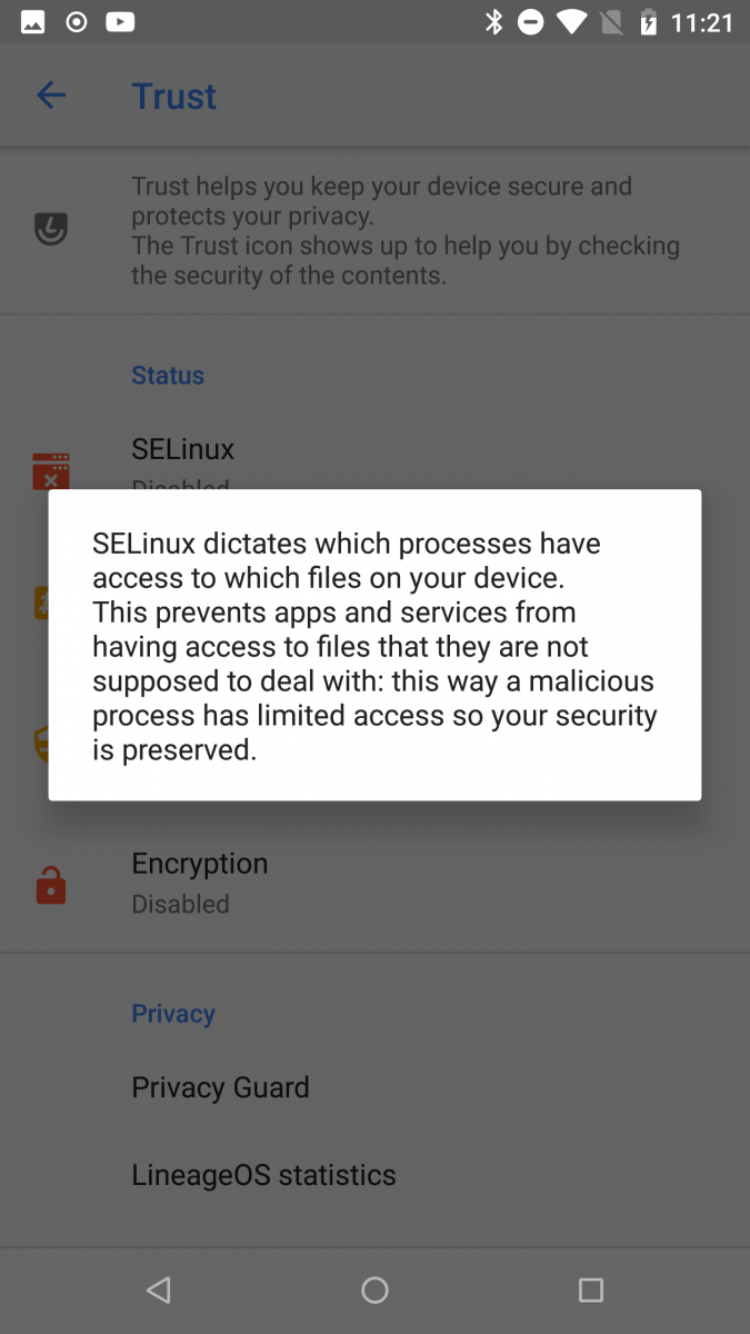 LineageOS Trust Interface to protect Security and Privacy
