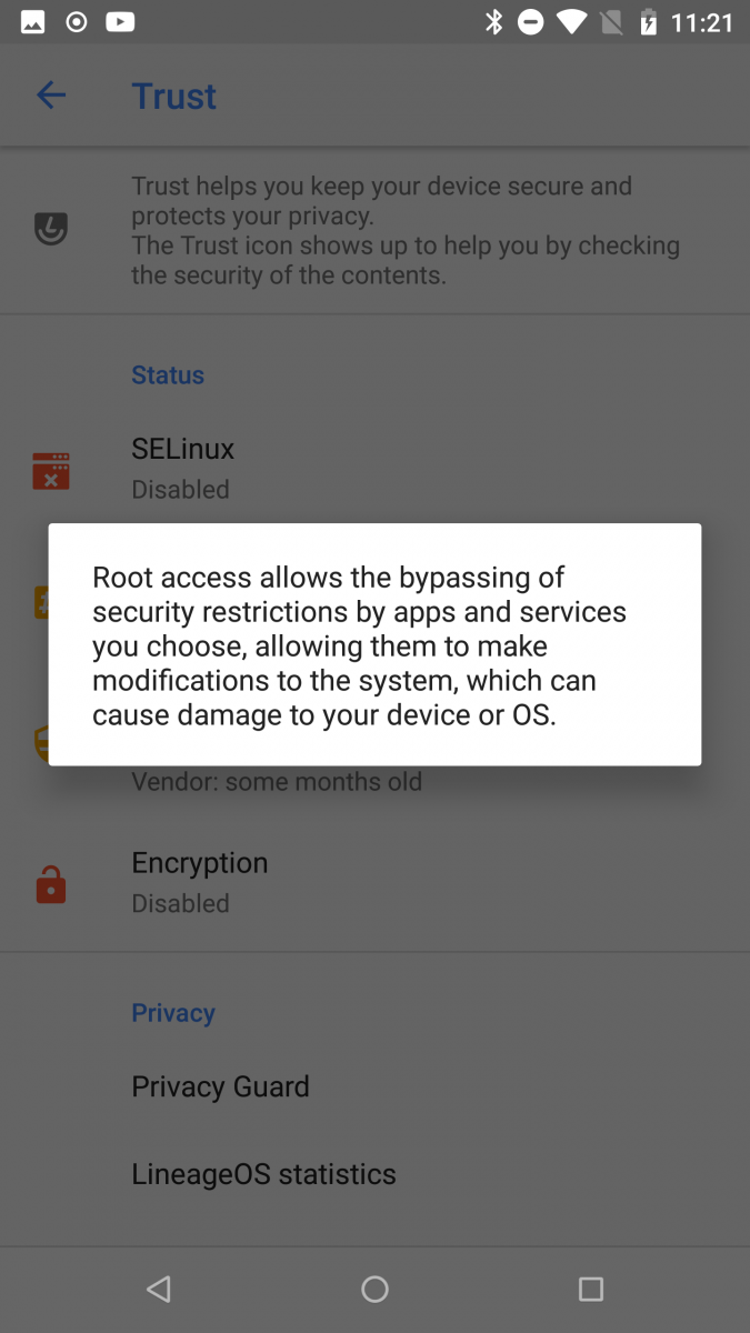 LineageOS Trust Interface to protect Security and Privacy