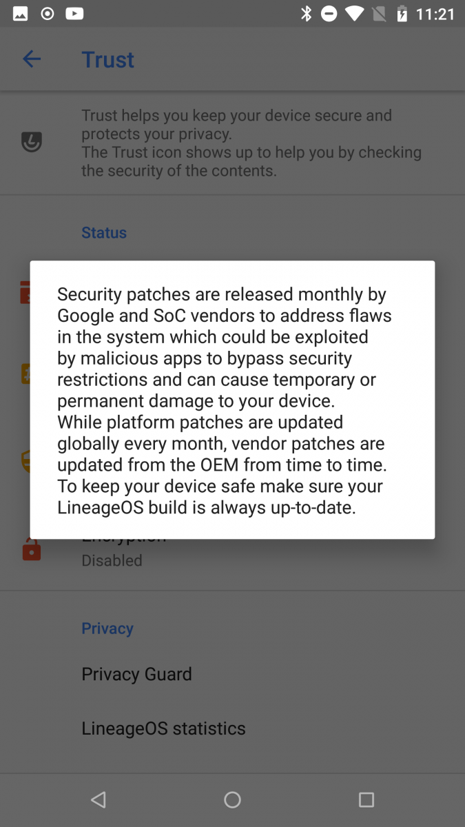 LineageOS Trust Interface to protect Security and Privacy