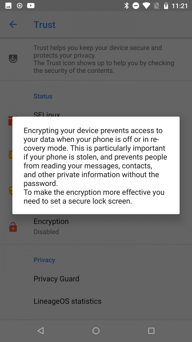 LineageOS Trust Interface to protect Security and Privacy