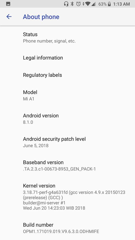 Xiaomi Mi A1 Android 8.1 Oreo