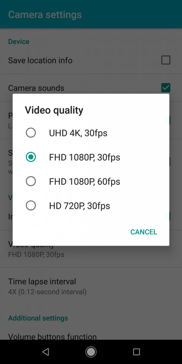 Xiaomi Mi A2 video resolution settings