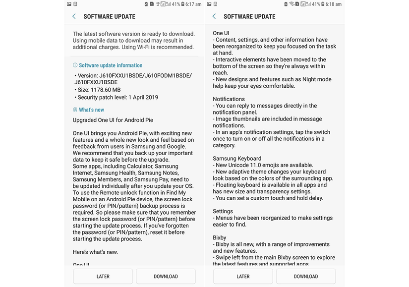 galaxy j6 android pie update one ui