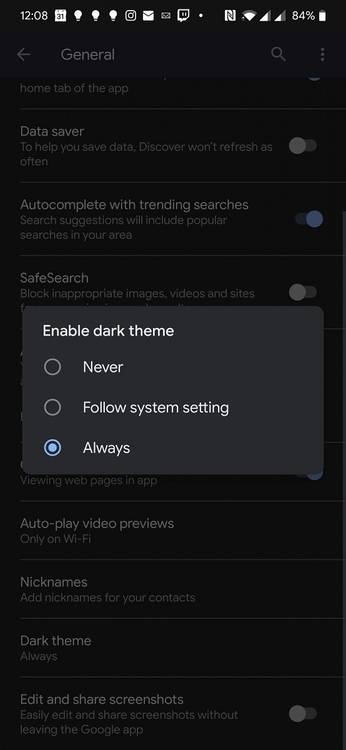 Google App dark theme