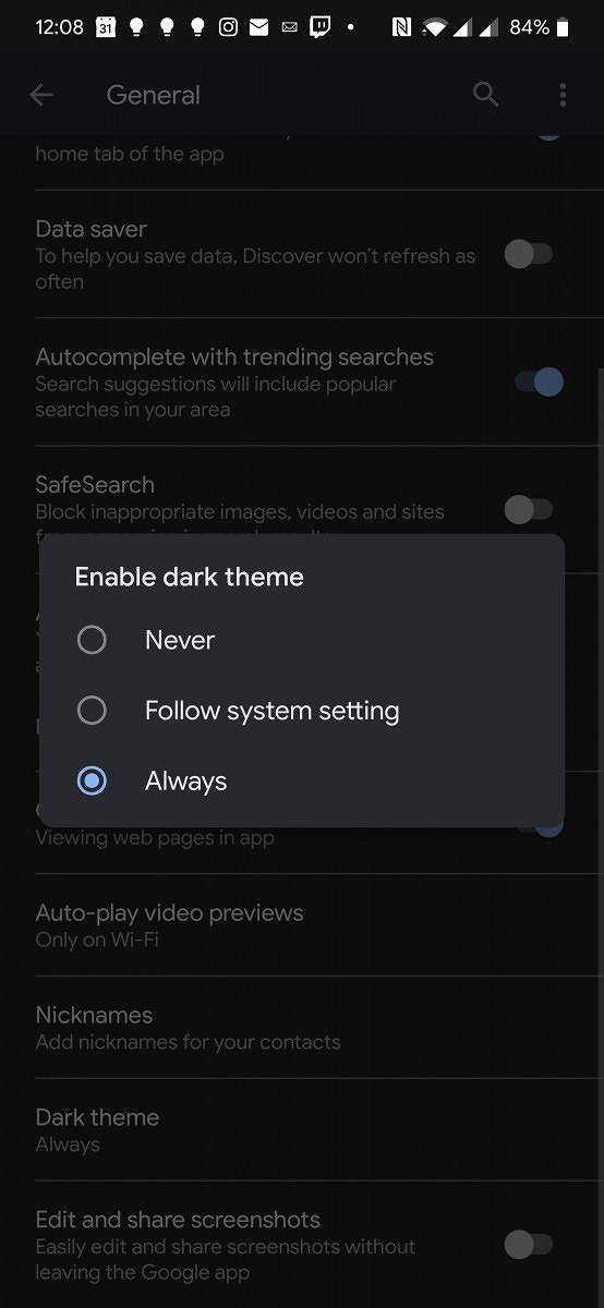 Google App dark theme