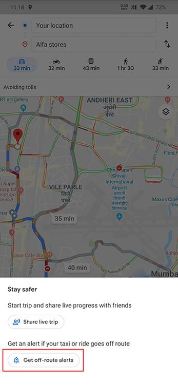 google maps off route