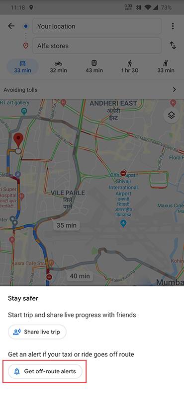 google maps off route