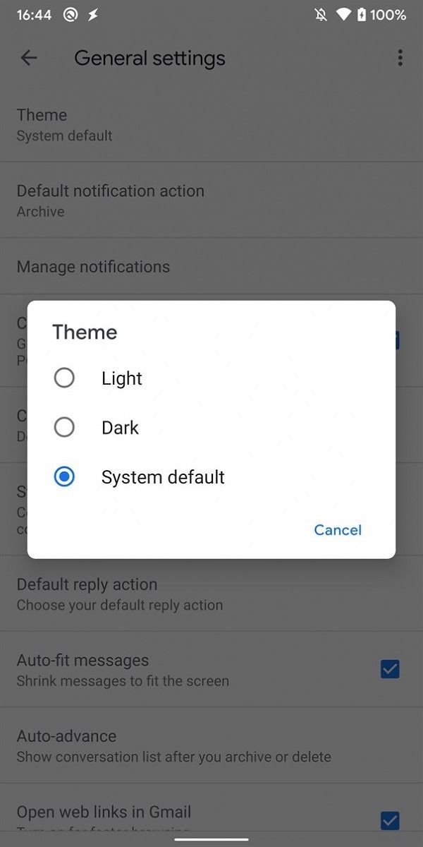 Gmail theme settings