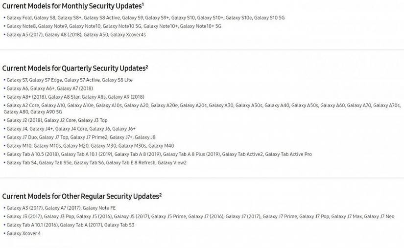 Samsung Android security update list