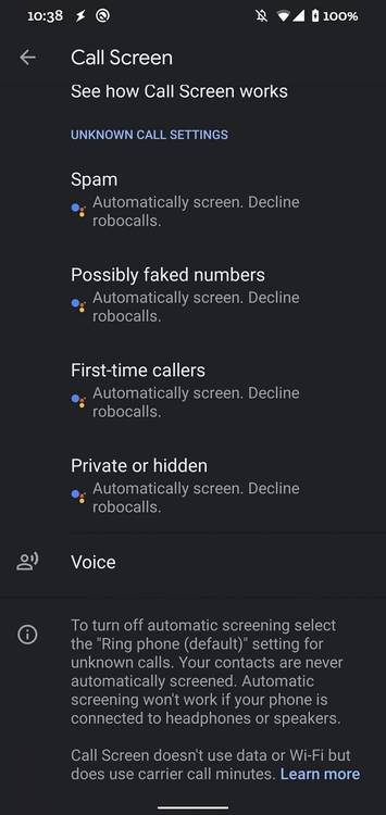 Google Pixel Automatic Call Screen settings