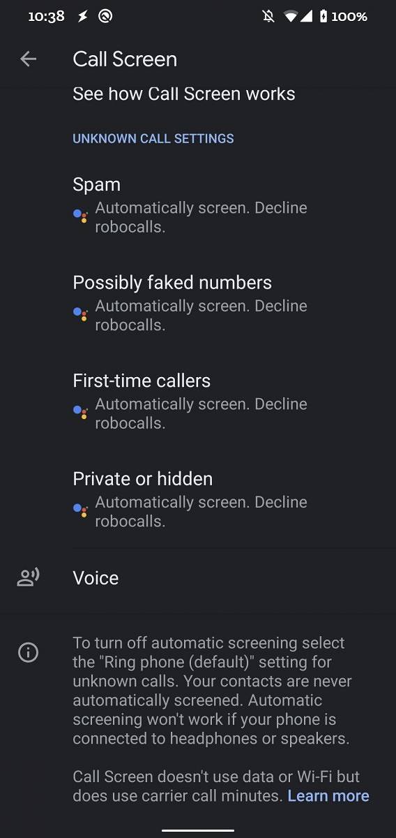 Google Pixel Automatic Call Screen settings