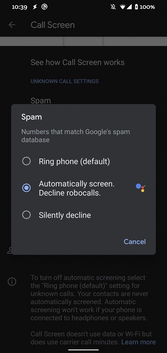 Google Pixel Automatic Call Screen settings