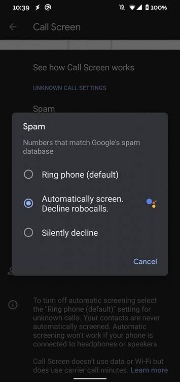 Google Pixel Automatic Call Screen settings