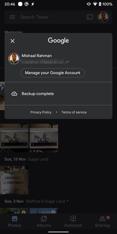 Google Photos Account switcher UI