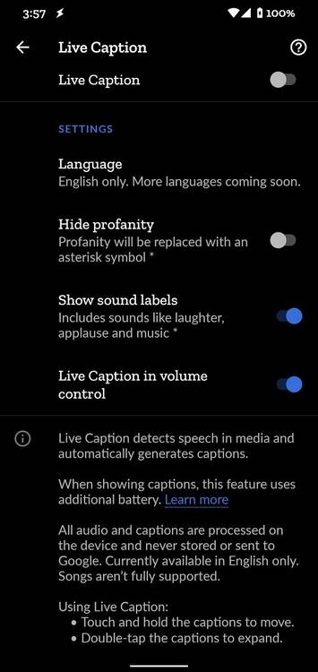Pixel 4's Live Caption settings