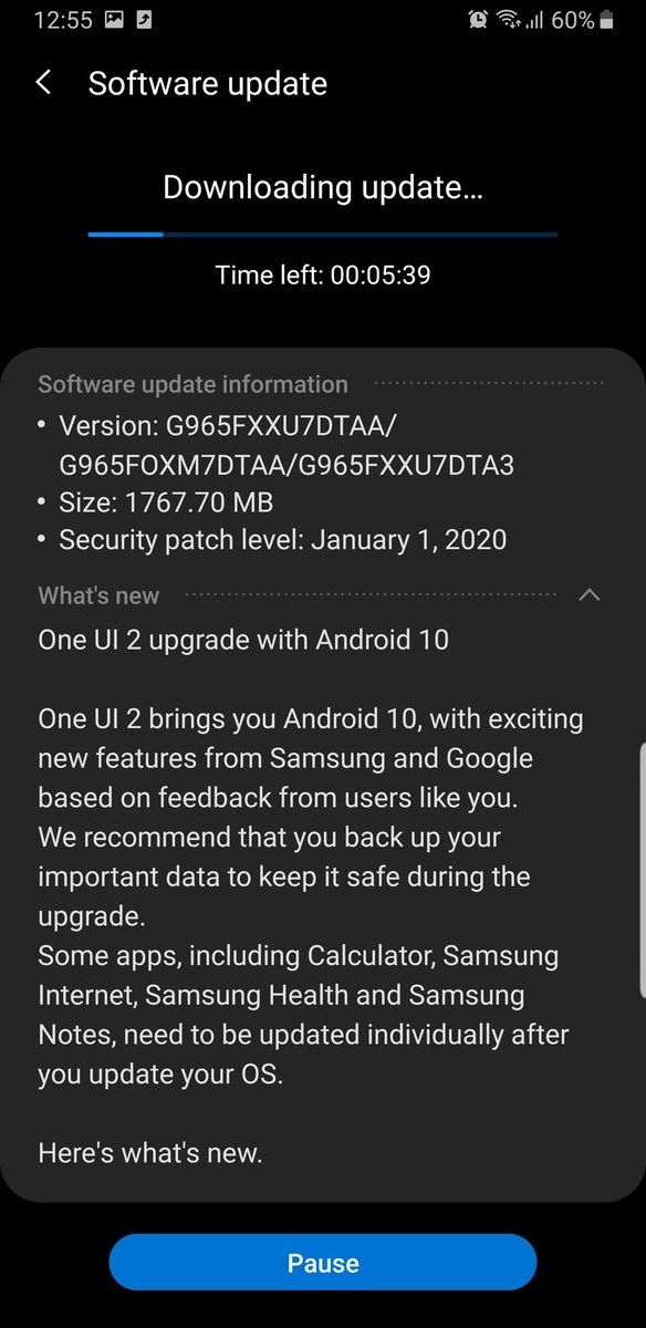 Samsung Galaxy S9 Android 10 update