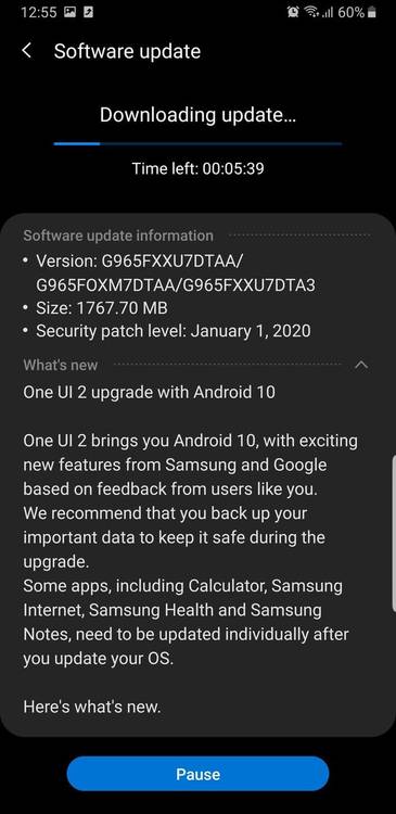 Samsung Galaxy S9 Android 10 update