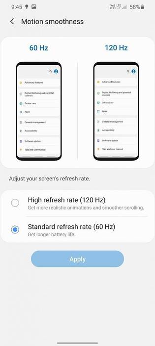 Samsung Galaxy S20 60hz 120hz refresh rate selector