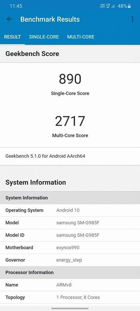 Samsung Galaxy S20 Geekbench