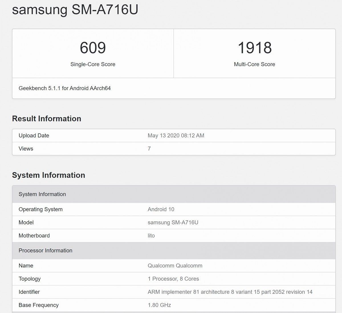 Samsung Galaxy A71 5G Geekbench