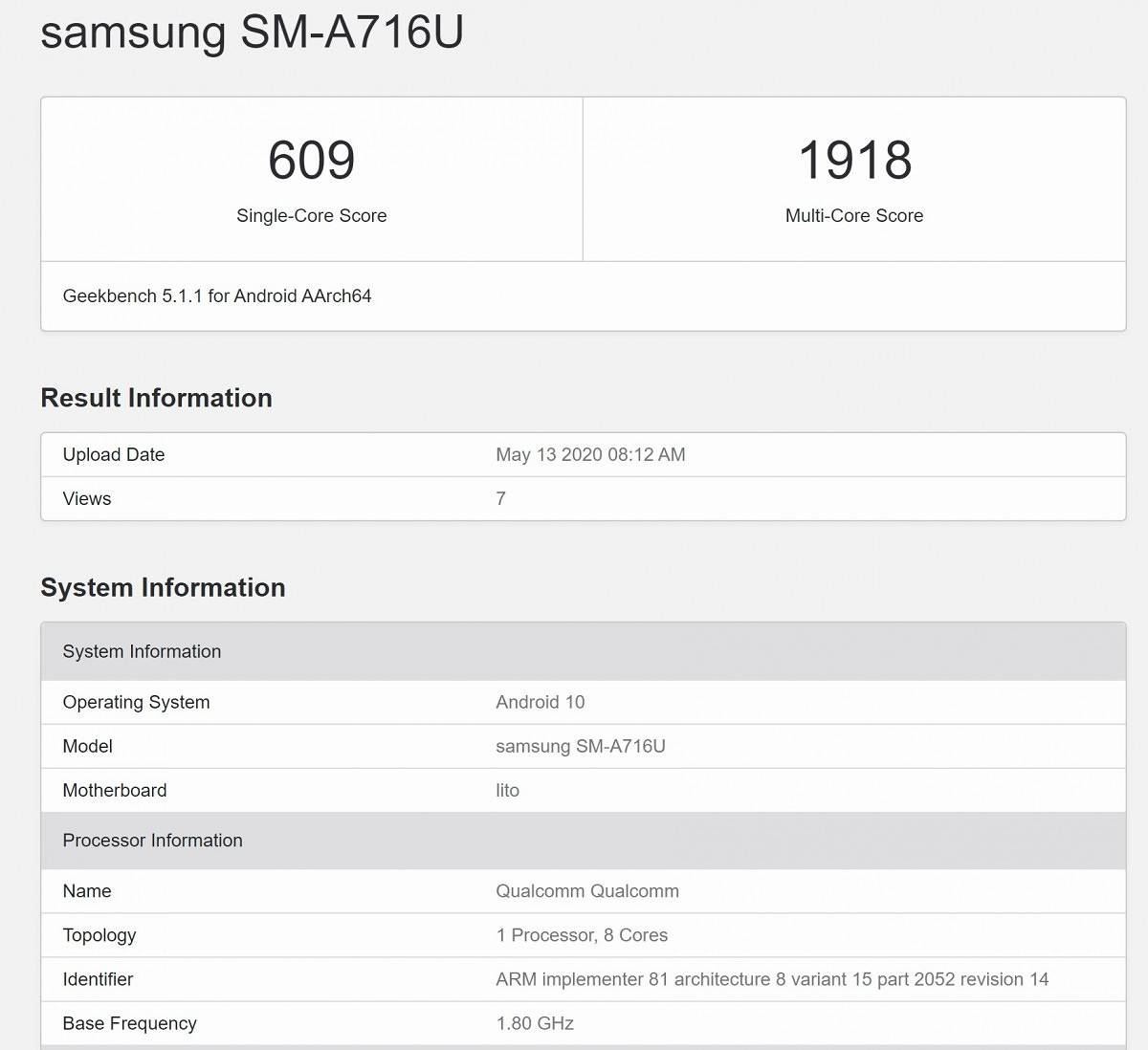 Samsung Galaxy A71 5G Geekbench