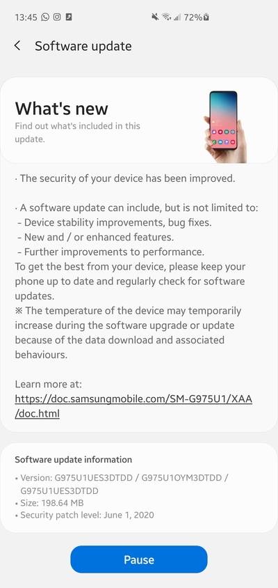 Samsung Galaxy S10 June 2020 update
