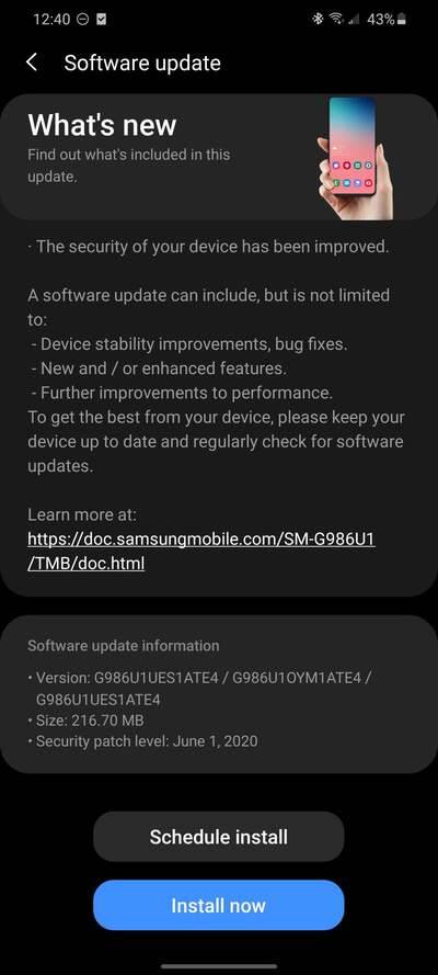 Samsung Galaxy S20 June 2020 update