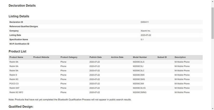 Redmi 9C POCO C3 Bluetooth certification