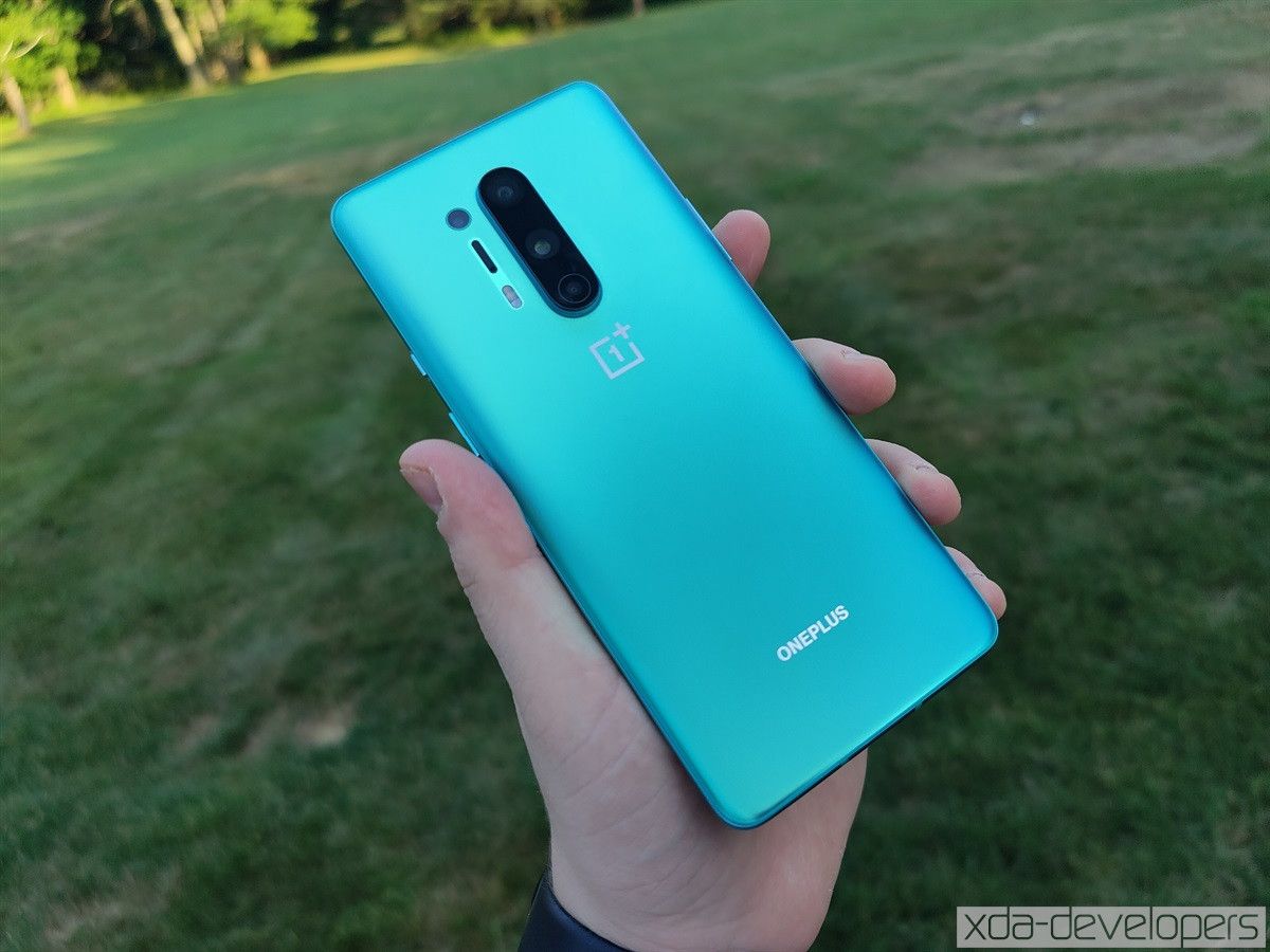 OnePlus 8 Pro in hand with grass in the background.
