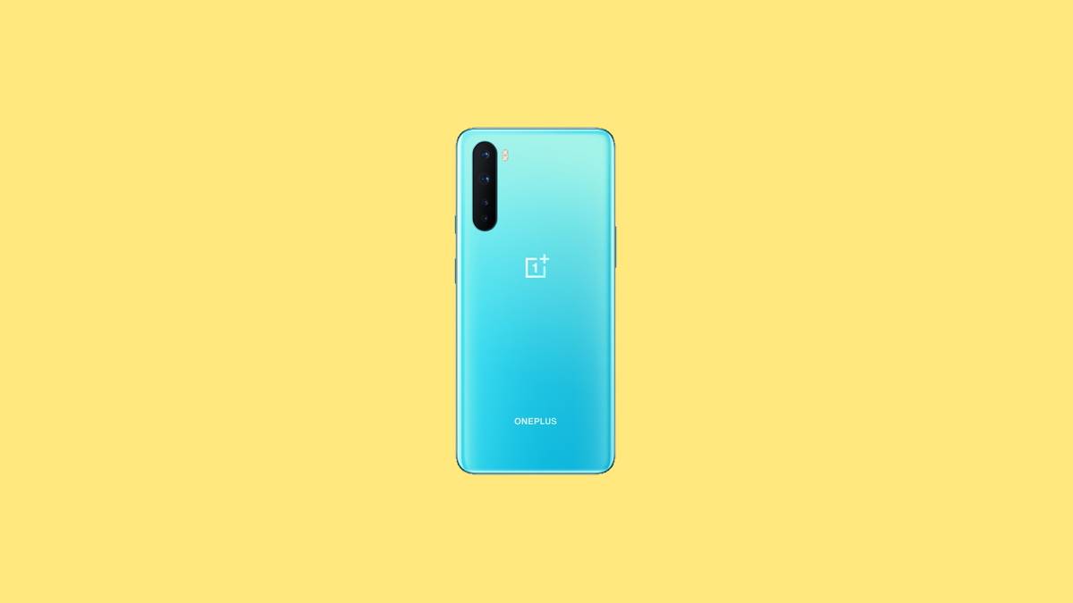OnePlus Nord in blue colorway on yellow background