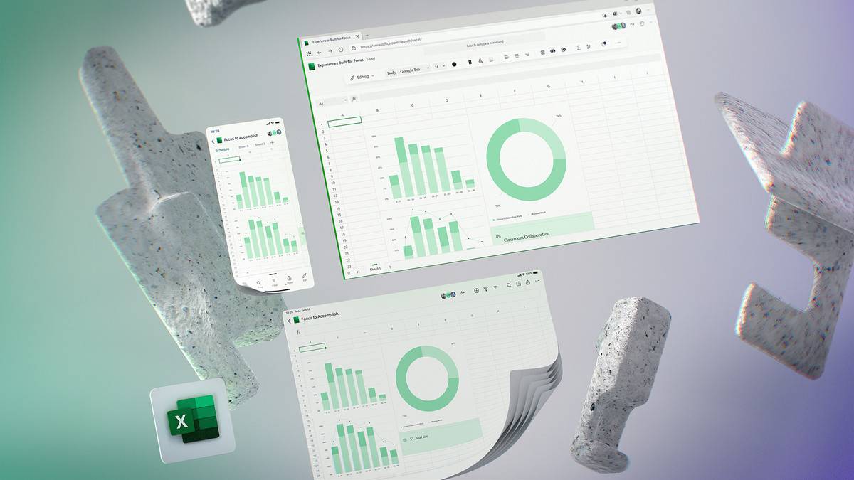 Various Microsoft Excel screenshots surrounded by different shapes and materials