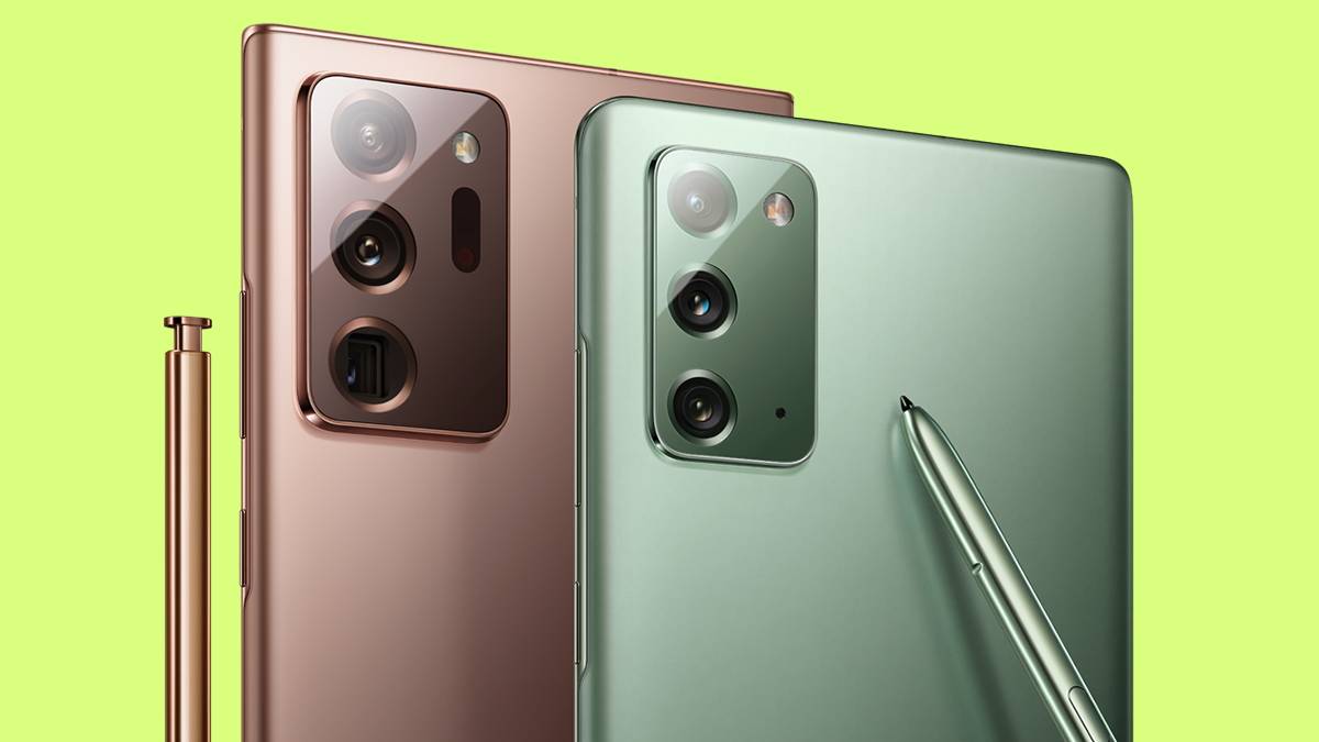 Samsung Galaxy Note 20 series on green background