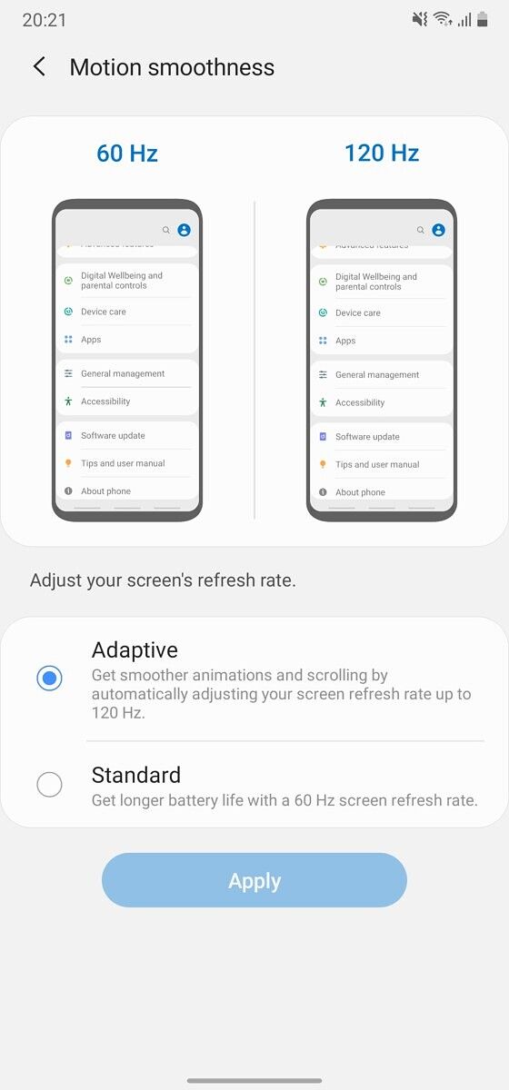 Samsung Galaxy Note 20 Ultra adaptive refresh rate