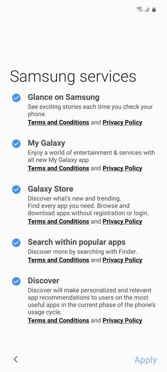 Screenshot of the options to select on Samsung services screen