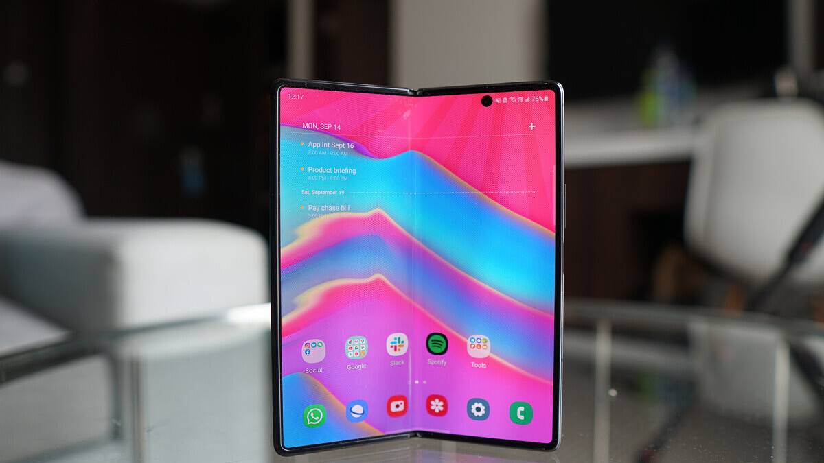 Samsung Galaxy Z fold 2 on glass table