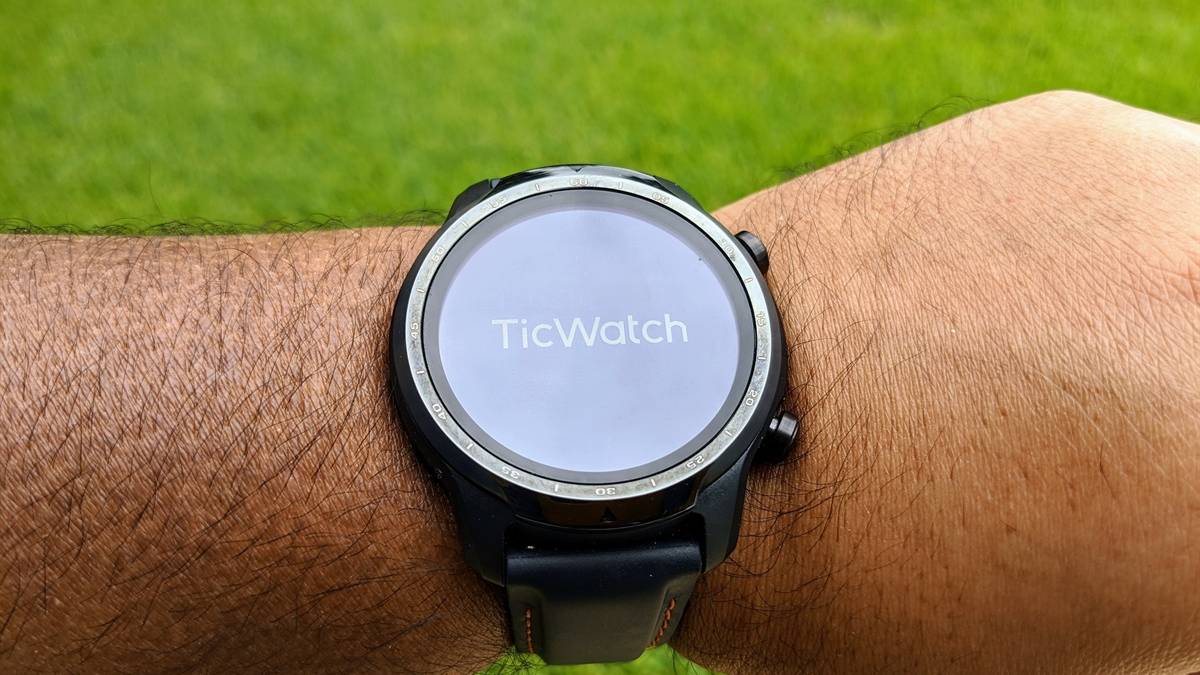 Mobvoi TicWatch Pro 3 GPS on wrist with TicWatch logo on screen