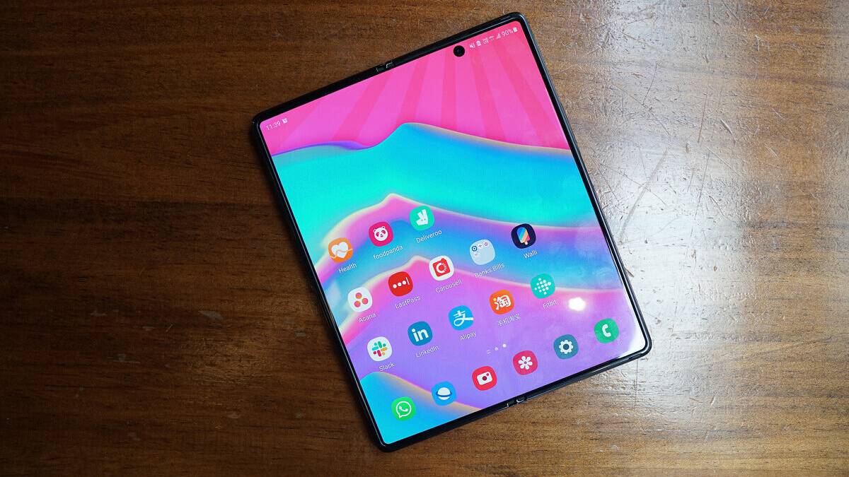 Samsung Galaxy Z Fold 2 on wooden surface