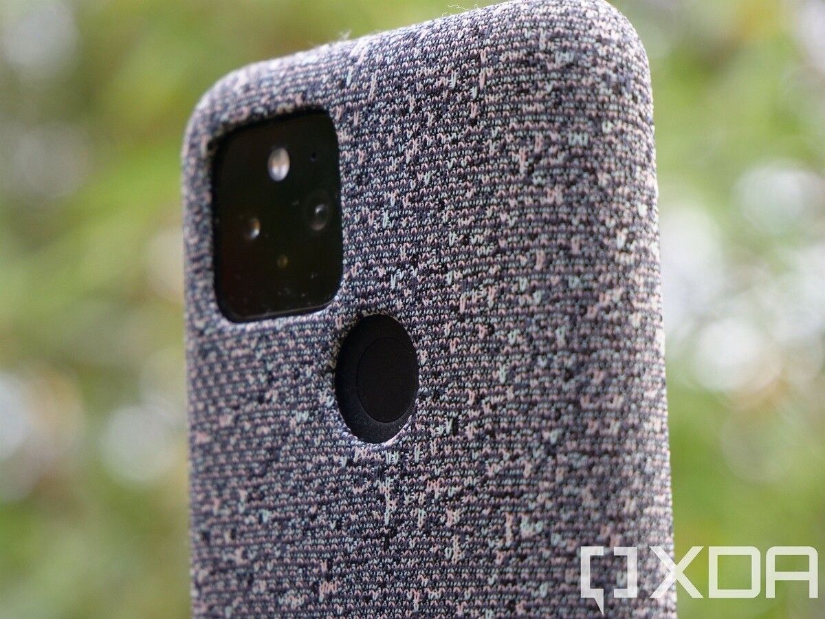 Google Pixel 5 in fabric case outside